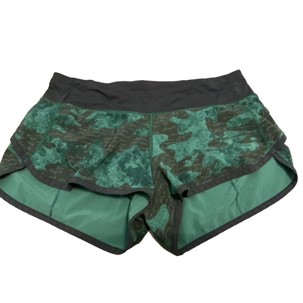 Lululemon Shorts Womens 6 Run Speed 4 Way Manifesto Script Camo Green Running
